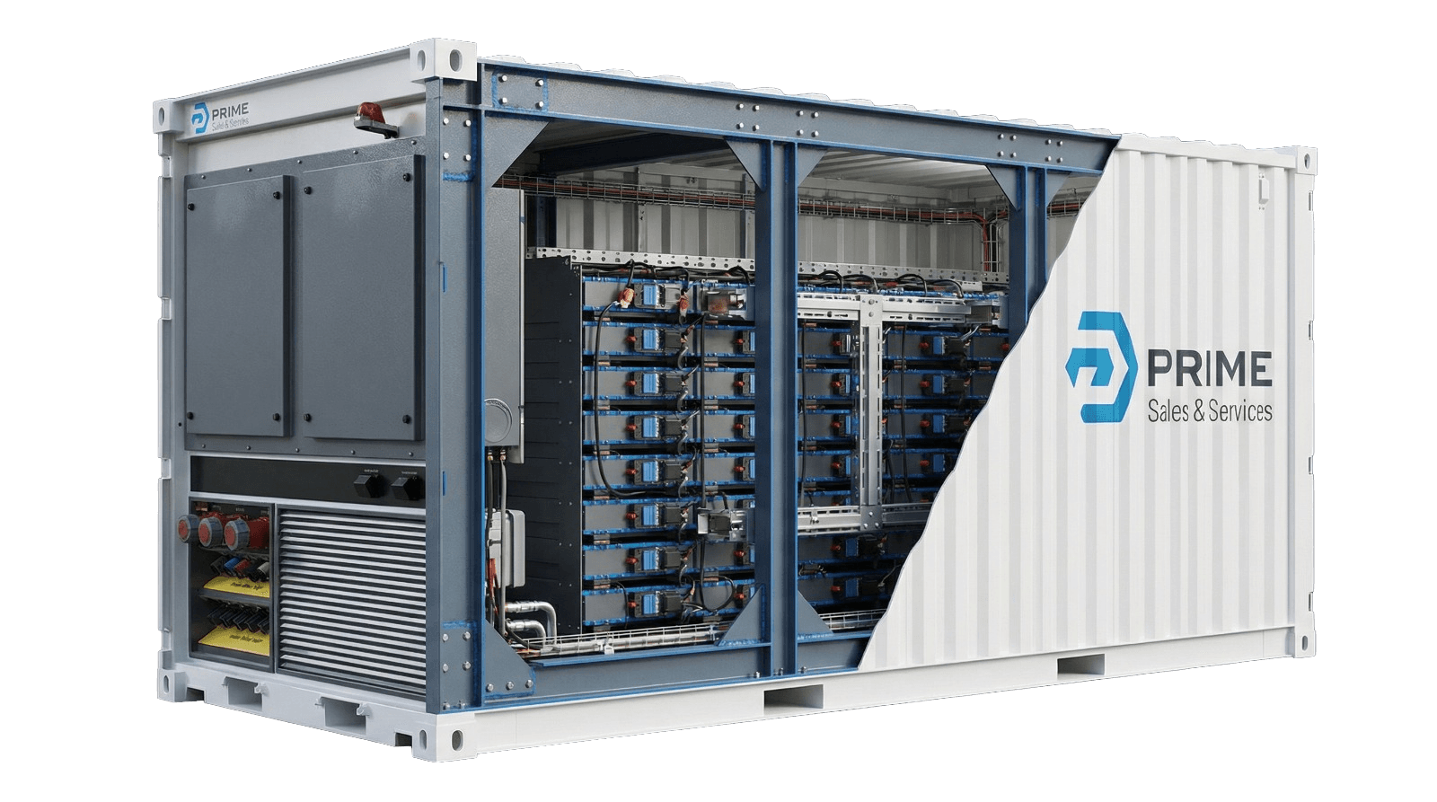 Rigid steel-frame battery container with internal structure